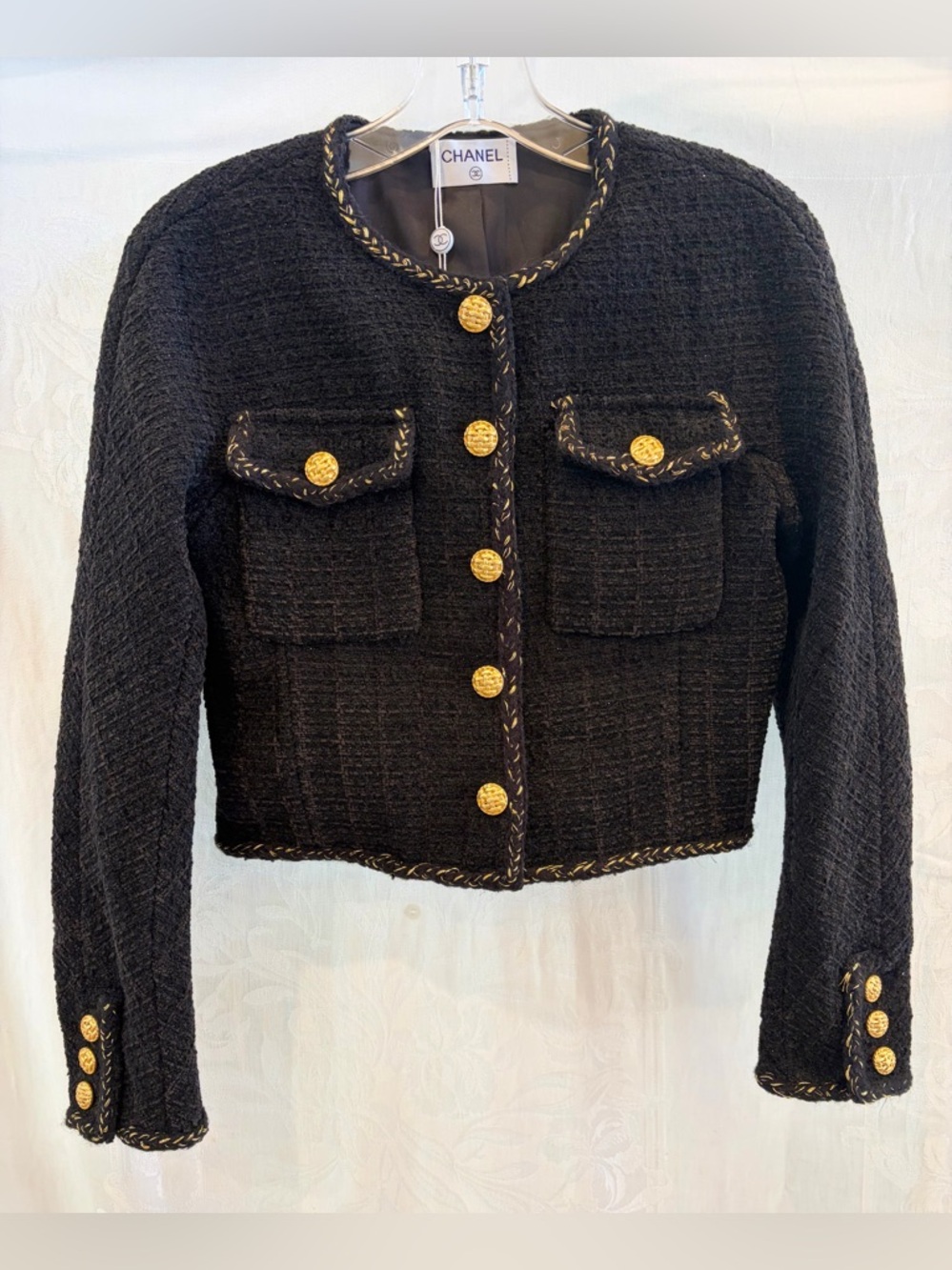 New FRENCH COUTURE Style Black & Gold Chenille Cropped Boxy Jacket S 2 4